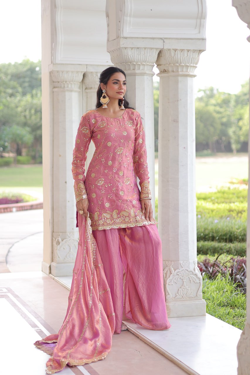 Pink Luxury Fendy Silk Sequins Embroidered Kurti with Sharara & Matching Cut-Work Dupatta Party & Festive Wear Set Clothsvilla