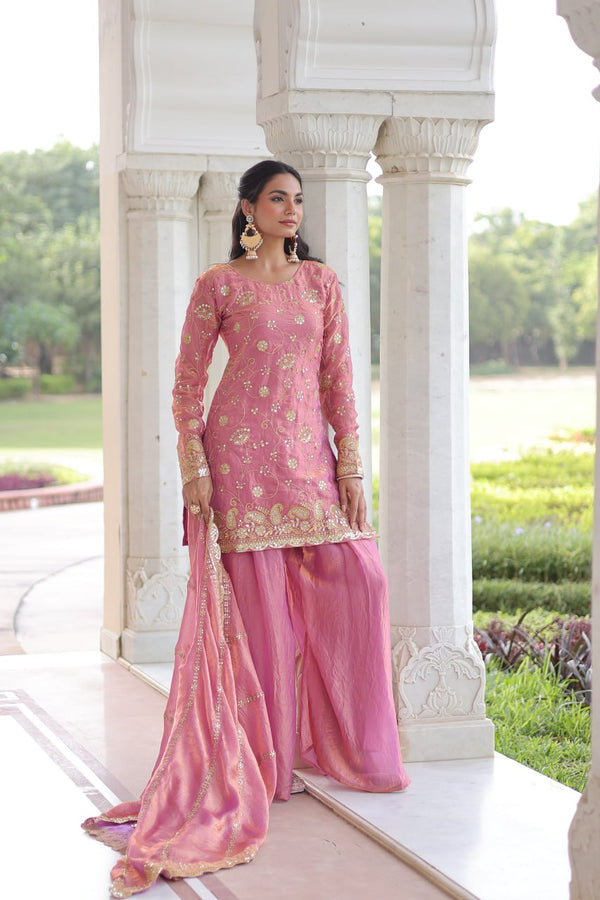 Pink Luxury Fendy Silk Sequins Embroidered Kurti with Sharara & Matching Cut-Work Dupatta Party & Festive Wear Set Clothsvilla
