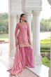 Load image into Gallery viewer, Pink Luxury Fendy Silk Sequins Embroidered Kurti with Sharara &amp; Matching Cut-Work Dupatta Party &amp; Festive Wear Set Clothsvilla