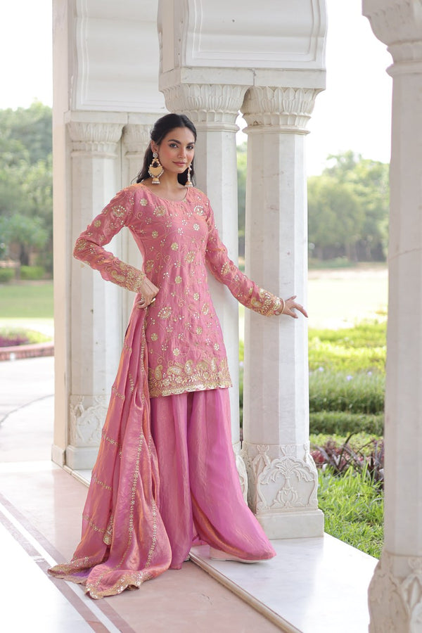 Pink Luxury Fendy Silk Sequins Embroidered Kurti with Sharara & Matching Cut-Work Dupatta Party & Festive Wear Set Clothsvilla