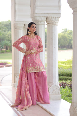 Pink Luxury Fendy Silk Sequins Embroidered Kurti with Sharara & Matching Cut-Work Dupatta Party & Festive Wear Set Clothsvilla