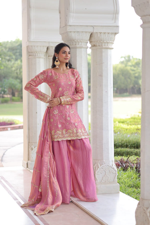 Pink Luxury Fendy Silk Sequins Embroidered Kurti with Sharara & Matching Cut-Work Dupatta Party & Festive Wear Set Clothsvilla