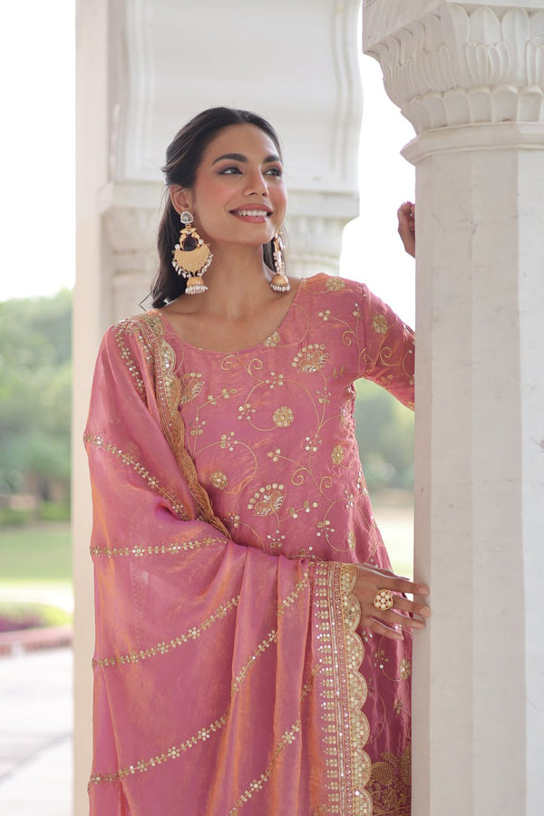 Pink Luxury Fendy Silk Sequins Embroidered Kurti with Sharara & Matching Cut-Work Dupatta Party & Festive Wear Set Clothsvilla