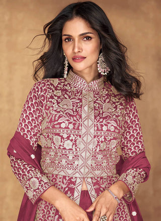 Pink Majestic Embroidered Vichitra Silk Gown & Skirt Set with Dupatta ClothsVilla