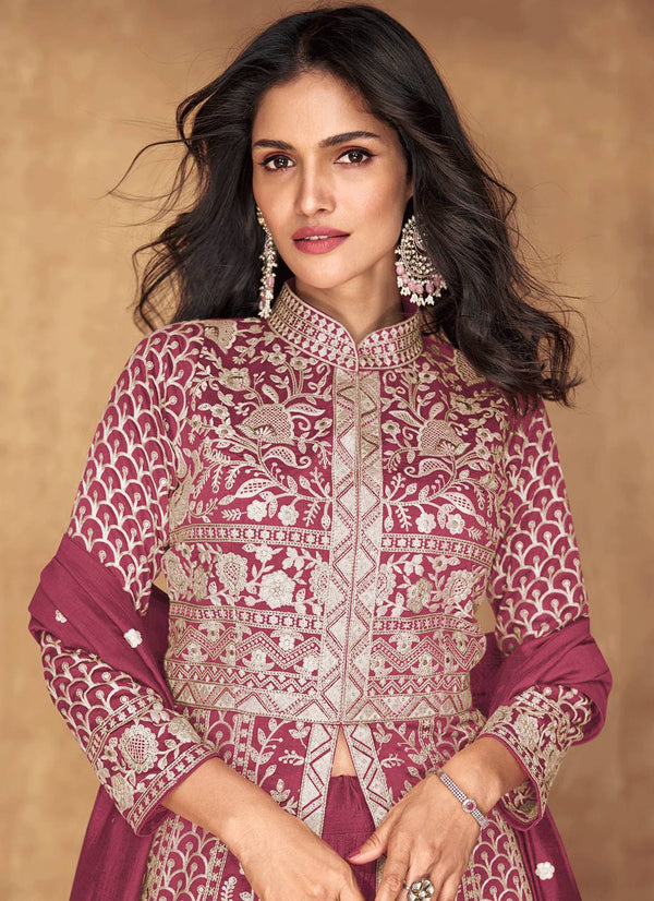Pink Majestic Embroidered Vichitra Silk Gown & Skirt Set with Dupatta ClothsVilla