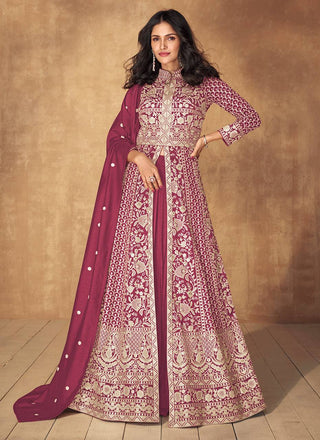 Pink Majestic Embroidered Vichitra Silk Gown & Skirt Set with Dupatta ClothsVilla