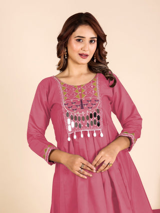 Pink Mirror Work Kurta Pant Set ClothsVilla