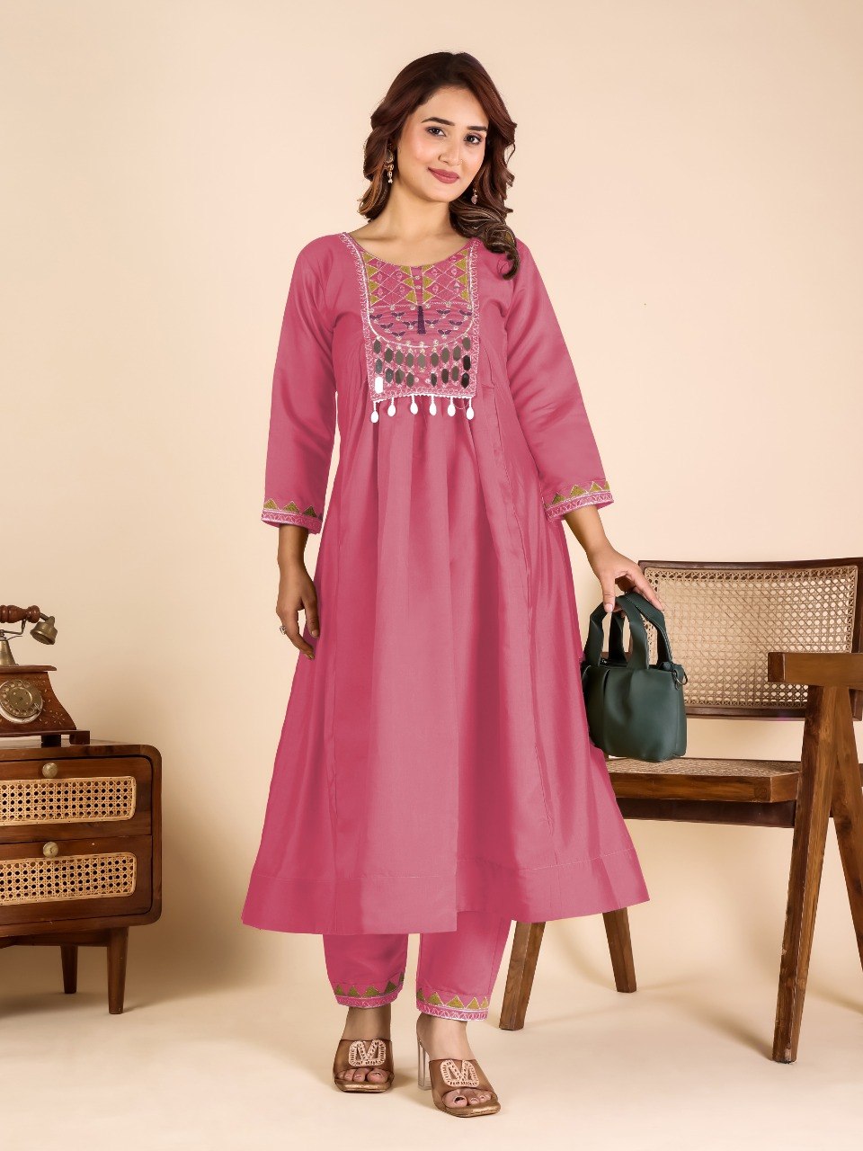 Pink Mirror Work Kurta Pant Set ClothsVilla