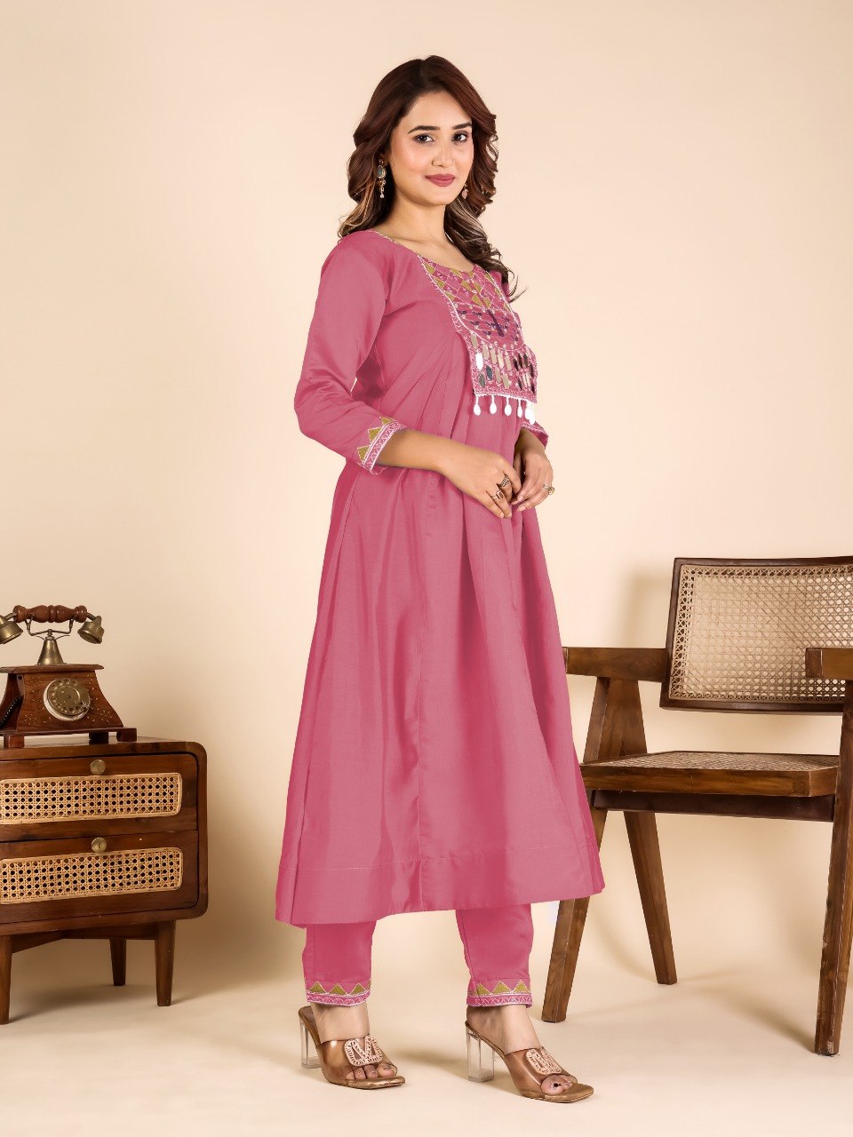 Pink Mirror Work Kurta Pant Set ClothsVilla