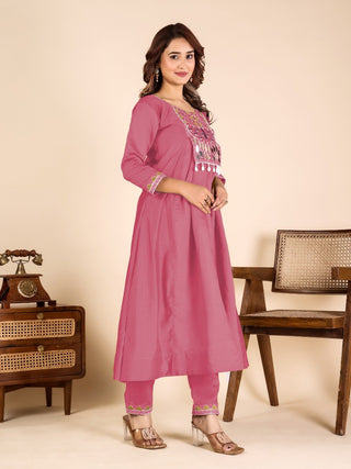 Pink Mirror Work Kurta Pant Set ClothsVilla