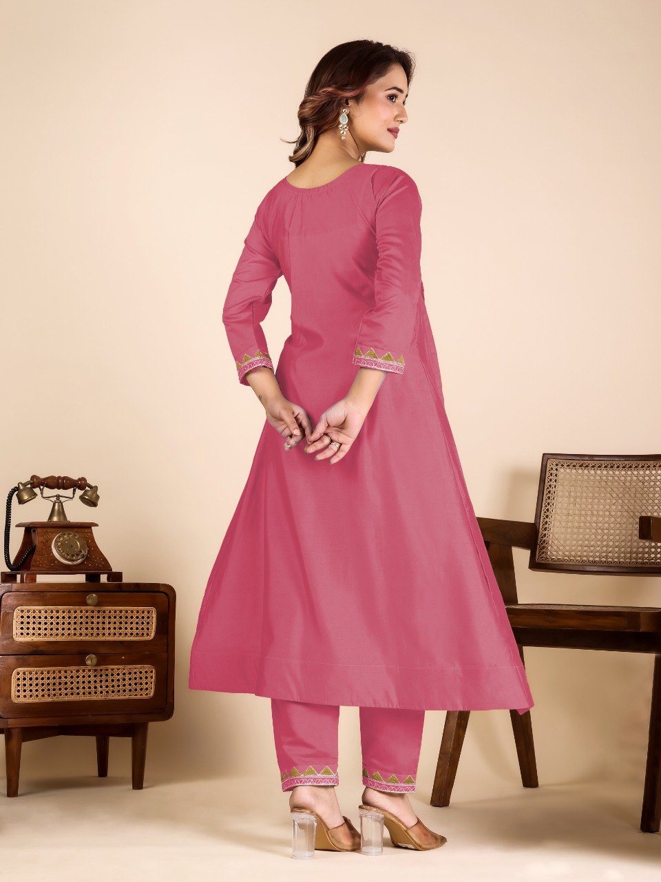 Pink Mirror Work Kurta Pant Set ClothsVilla