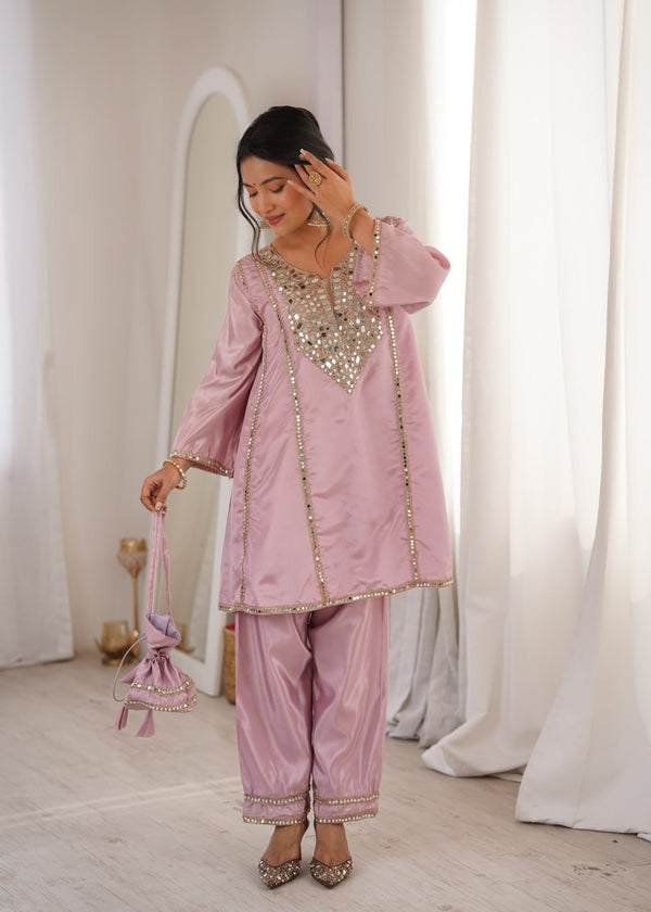 Pink Mirror Work Kurti Pant Set & Batwa ClothsVilla