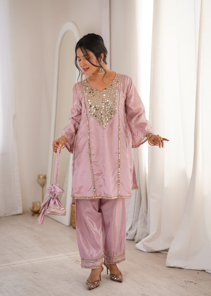 Pink Mirror Work Kurti Pant Set & Batwa ClothsVilla