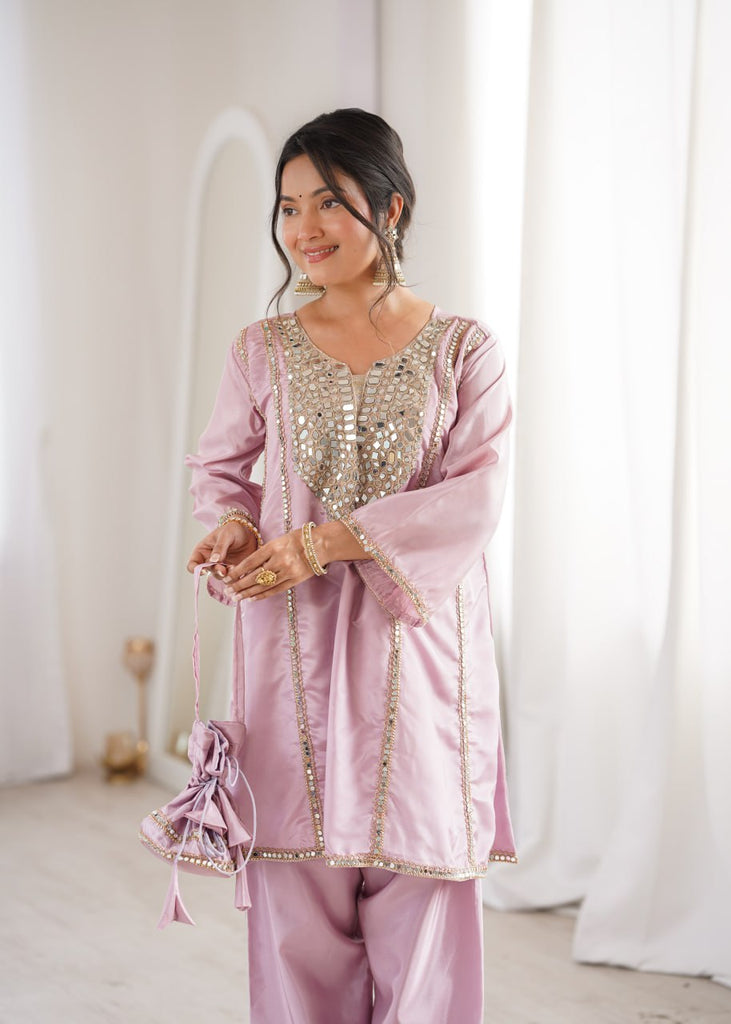 Pink Mirror Work Kurti Pant Set & Batwa ClothsVilla