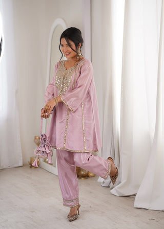 Pink Mirror Work Kurti Pant Set & Batwa ClothsVilla