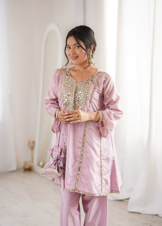 Pink Mirror Work Kurti Pant Set & Batwa ClothsVilla