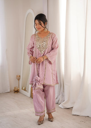 Pink Mirror Work Kurti Pant Set & Batwa ClothsVilla