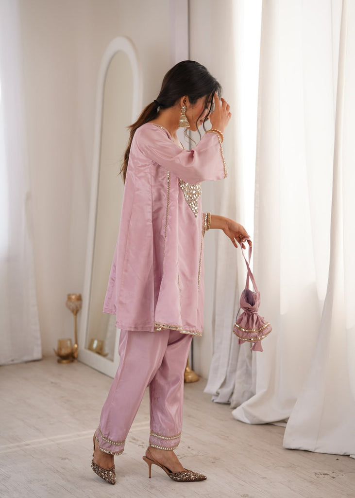 Pink Mirror Work Kurti Pant Set & Batwa ClothsVilla
