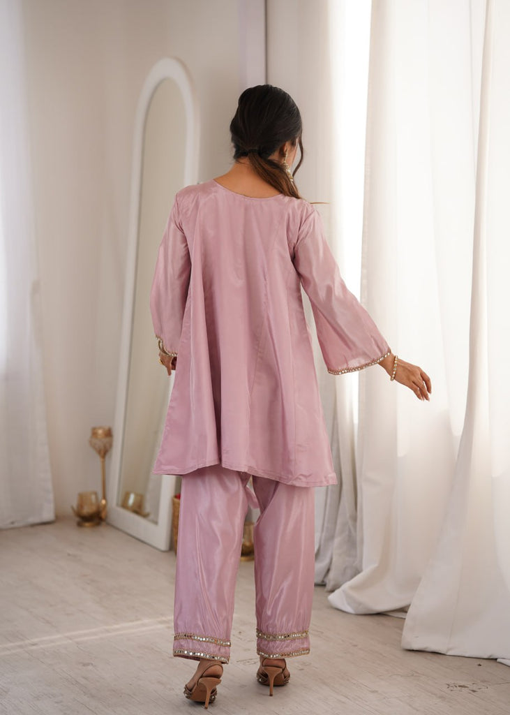 Pink Mirror Work Kurti Pant Set & Batwa ClothsVilla