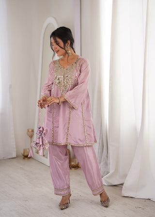 Pink Mirror Work Kurti Pant Set & Batwa ClothsVilla