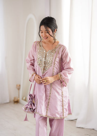 Pink Mirror Work Kurti Pant Set & Batwa ClothsVilla