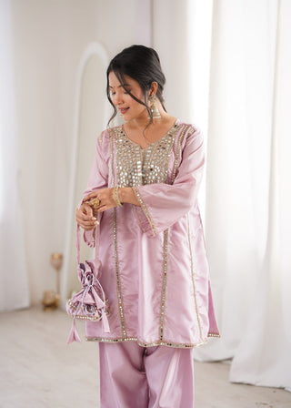 Pink Mirror Work Kurti Pant Set & Batwa ClothsVilla