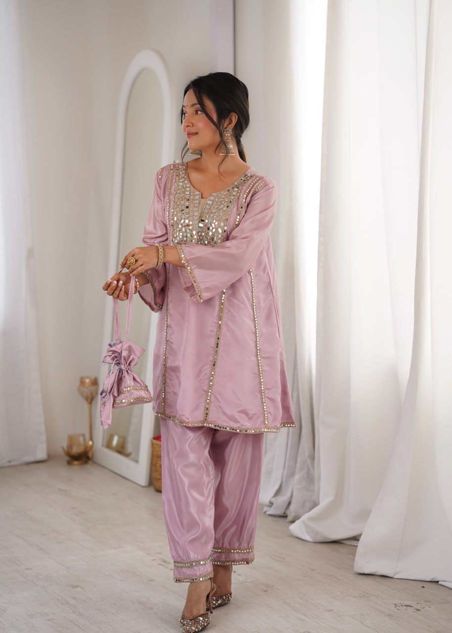 Pink Mirror Work Kurti Pant Set & Batwa ClothsVilla