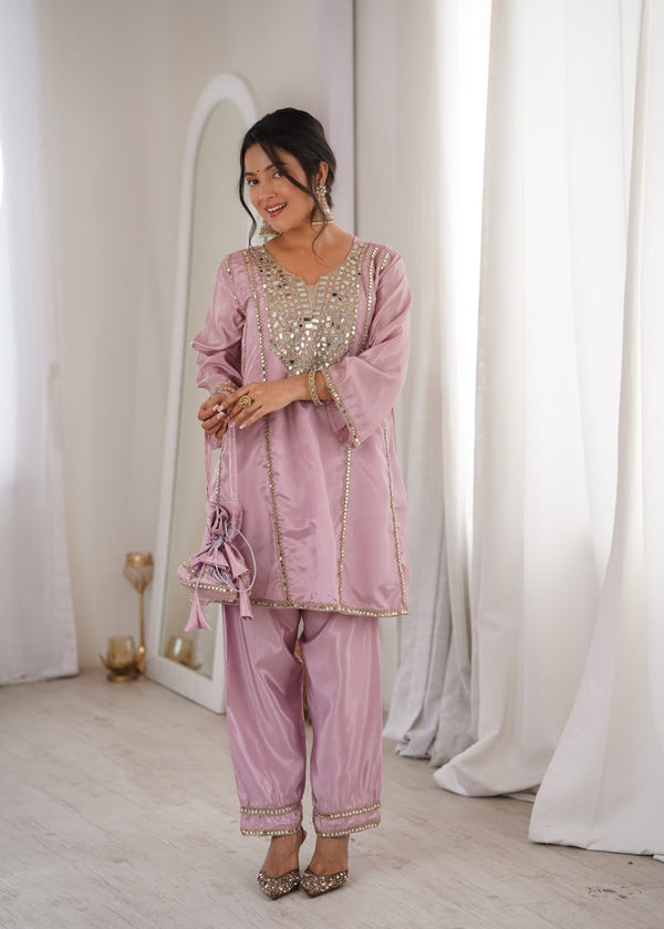 Pink Mirror Work Kurti Pant Set & Batwa ClothsVilla