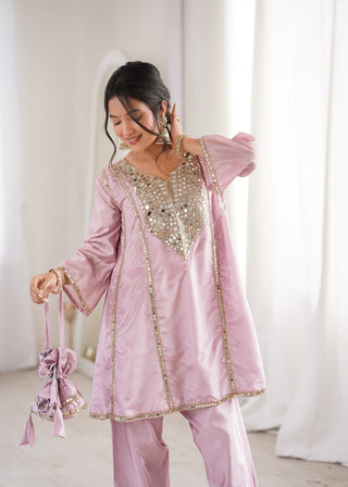 Pink Mirror Work Kurti Pant Set & Batwa ClothsVilla