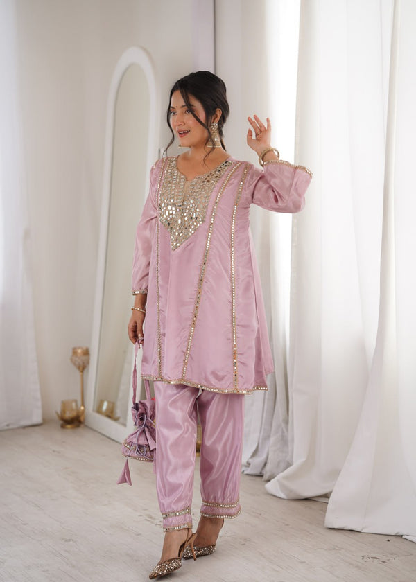 Pink Mirror Work Kurti Pant Set & Batwa ClothsVilla