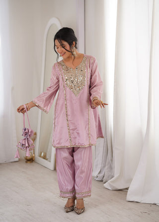 Pink Mirror Work Kurti Pant Set & Batwa ClothsVilla