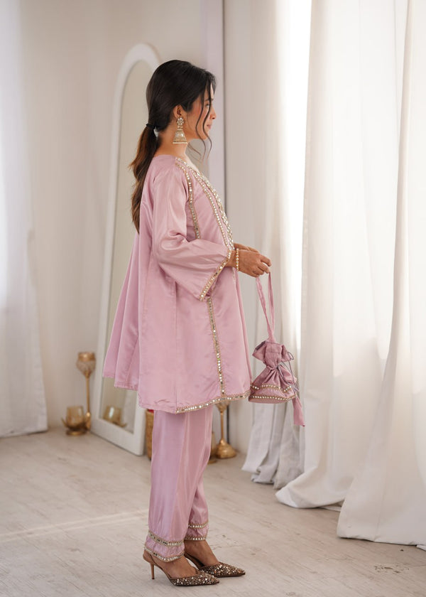 Pink Mirror Work Kurti Pant Set & Batwa ClothsVilla