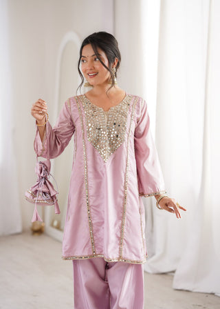 Pink Mirror Work Kurti Pant Set & Batwa ClothsVilla