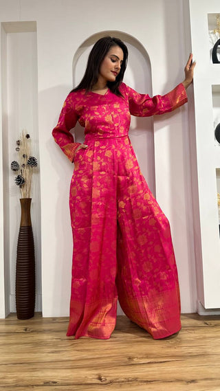 Pink Modern Banarasi Silk Jacquard Jumpsuit with Indian Elegance ClothsVilla