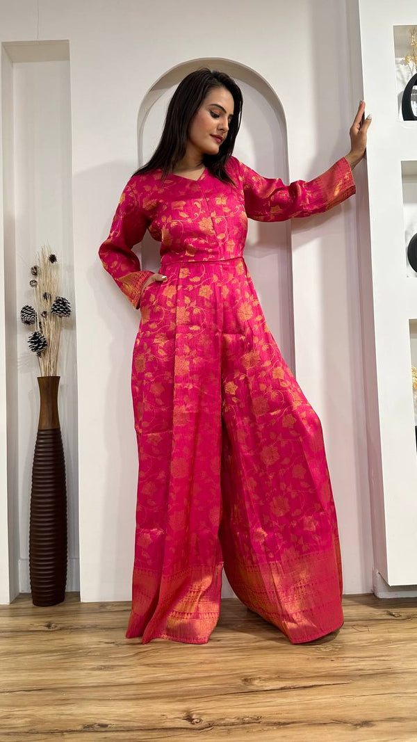 Pink Modern Banarasi Silk Jacquard Jumpsuit with Indian Elegance ClothsVilla