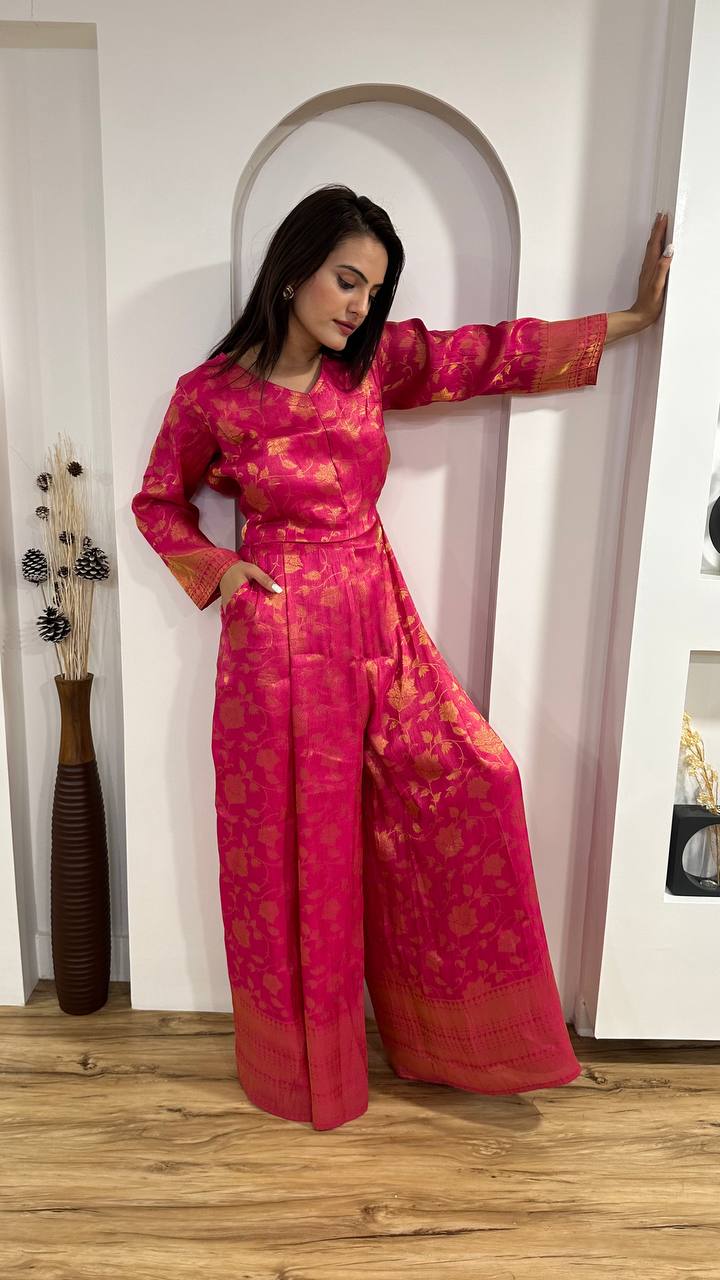 Pink Modern Banarasi Silk Jacquard Jumpsuit with Indian Elegance ClothsVilla
