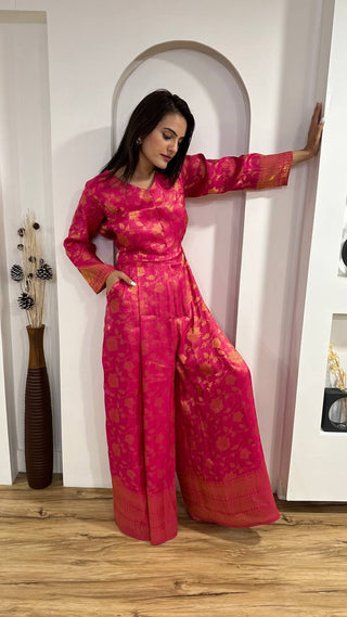 Pink Modern Banarasi Silk Jacquard Jumpsuit with Indian Elegance ClothsVilla