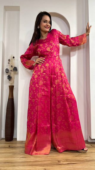 Pink Modern Banarasi Silk Jacquard Jumpsuit with Indian Elegance ClothsVilla