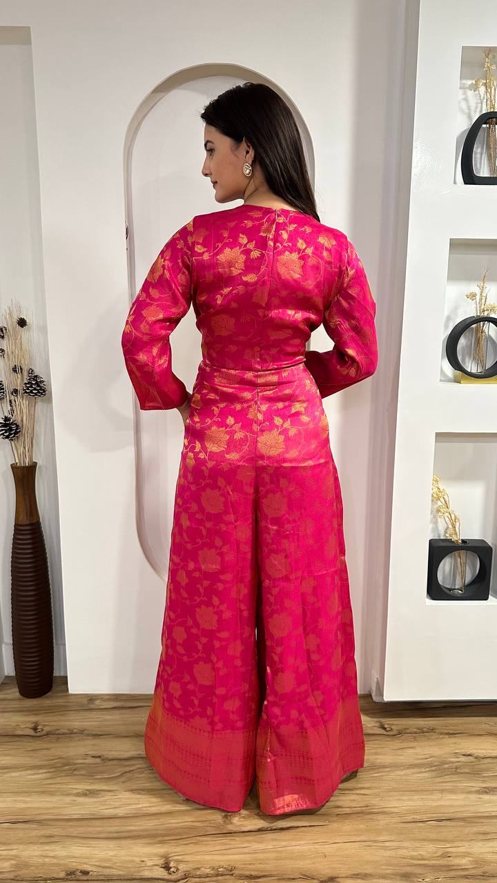 Pink Modern Banarasi Silk Jacquard Jumpsuit with Indian Elegance ClothsVilla