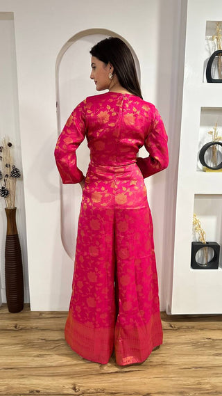 Pink Modern Banarasi Silk Jacquard Jumpsuit with Indian Elegance ClothsVilla