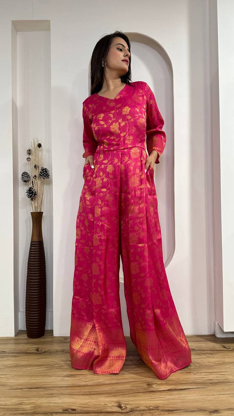 Pink Modern Banarasi Silk Jacquard Jumpsuit with Indian Elegance ClothsVilla Main image