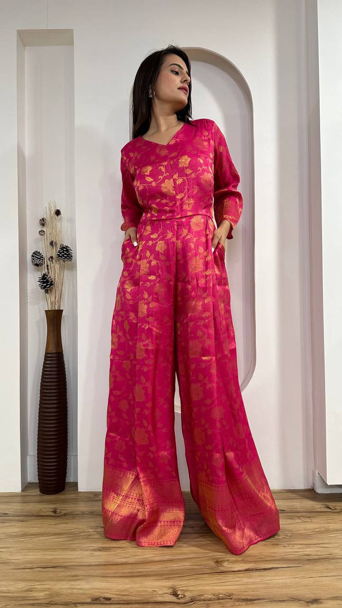 Pink Modern Banarasi Silk Jacquard Jumpsuit with Indian Elegance