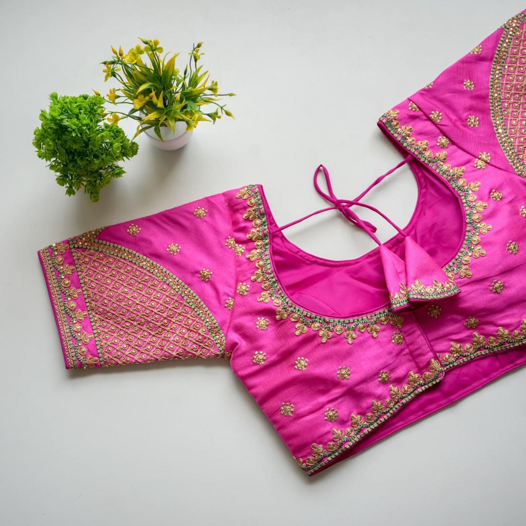 Pink Mulmul Silk Blouse with Golden Embroidery and Sequins ClothsVilla