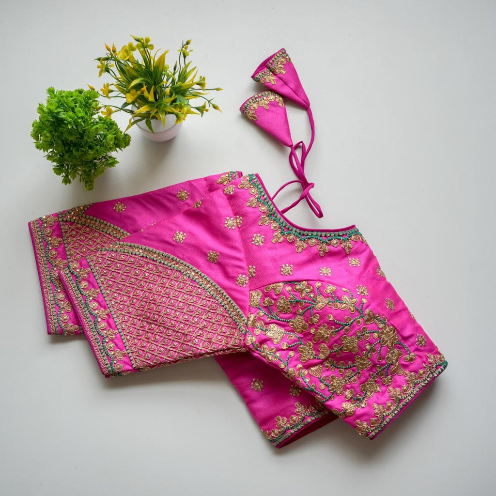 Pink Mulmul Silk Blouse with Golden Embroidery and Sequins ClothsVilla