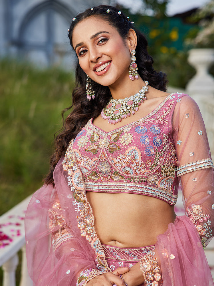 Pink Multi-Color Sequin Embroidered Net Lehenga Choli Dupatta Set ClothsVilla