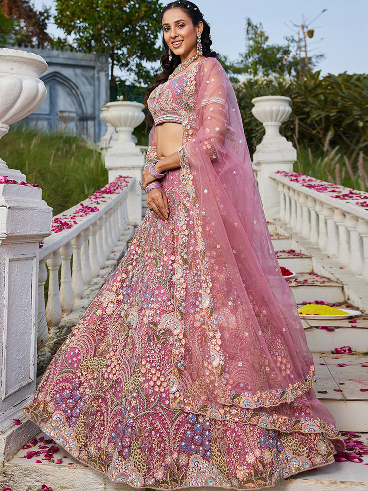 Pink Multi-Color Sequin Embroidered Net Lehenga Choli Dupatta Set ClothsVilla