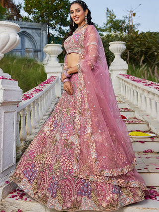 Pink Multi-Color Sequin Embroidered Net Lehenga Choli Dupatta Set ClothsVilla