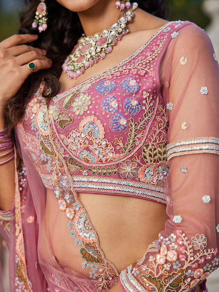Pink Multi-Color Sequin Embroidered Net Lehenga Choli Dupatta Set ClothsVilla