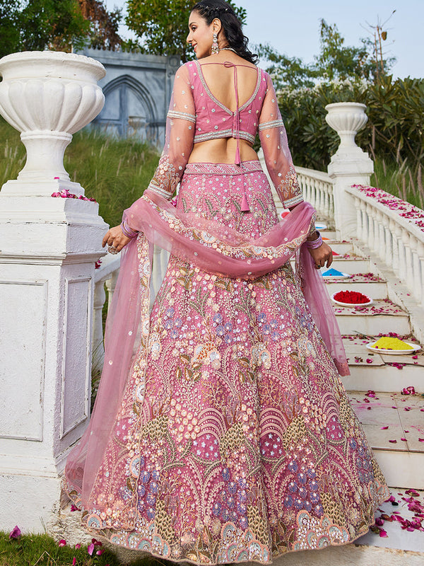 Pink Multi-Color Sequin Embroidered Net Lehenga Choli Dupatta Set ClothsVilla