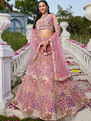 Pink Multi-Color Sequin Embroidered Net Lehenga Choli Dupatta Set ClothsVilla